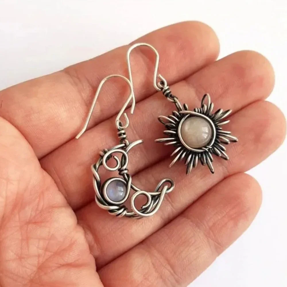 Handmade Moonstone & Antique Silver Wire Crescent Moon and Sun Dangle Earrings - Picture 1 of 5